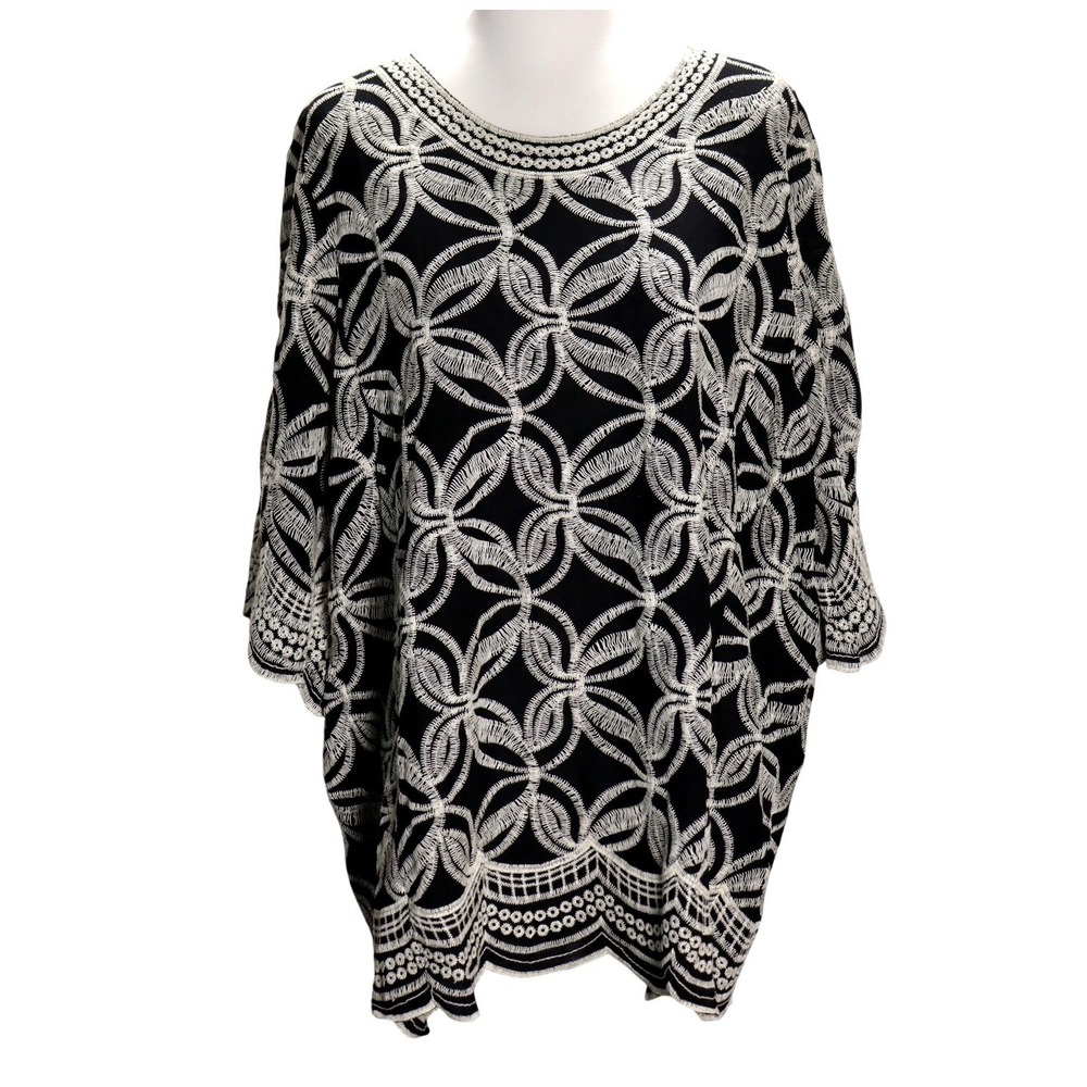 Solitaire Embroidered Tunic Blouse casual summer Black White Scalloped Boho 1X